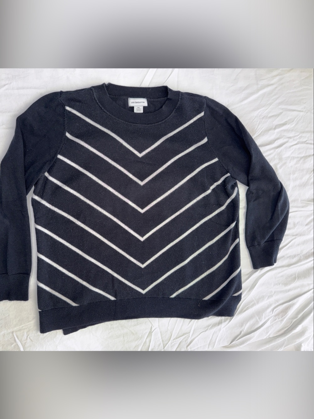 Liz Claiborne Black Crewneck Sweater with White Chevron Stripes